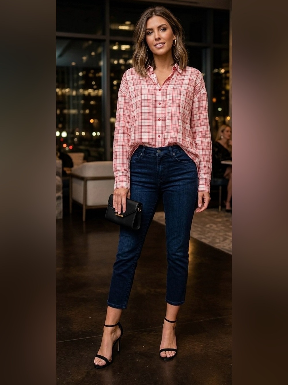 Forever 21 Red White Grid Plaid Button Down Blouse Top